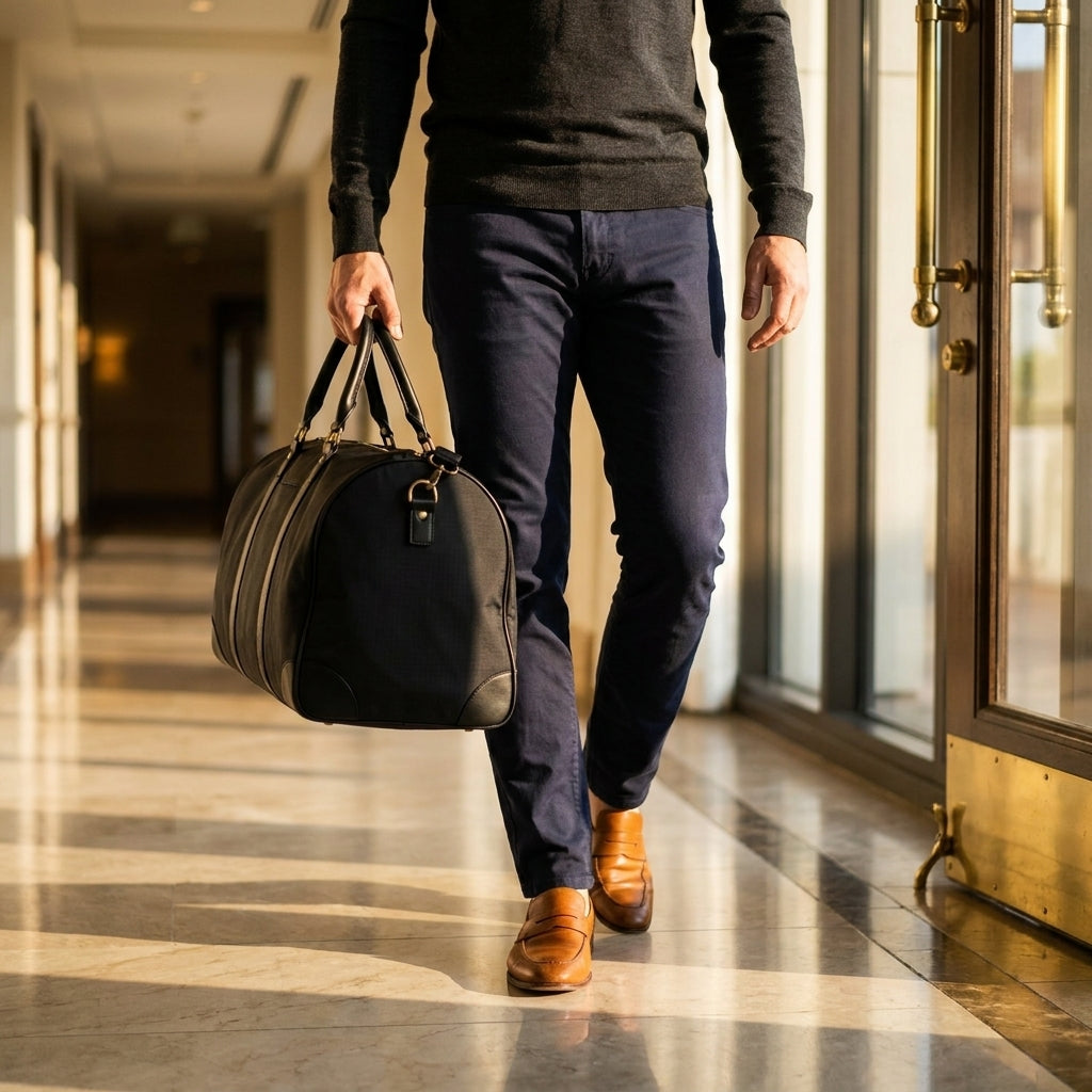 Carvons Duffle Bag — lifestyle, golden-hour hotel corridor